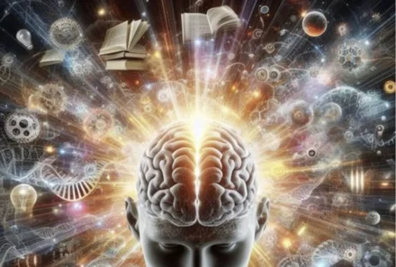 Illustration of a glowing brain surrounded by ideas and technology