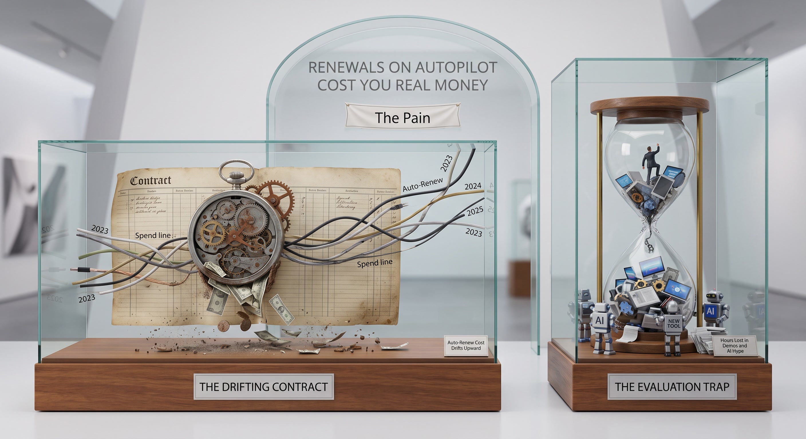 An automatically renewing contract with rising costs beside an hourglass illustrating time lost evaluating technology vendors and AI tools.