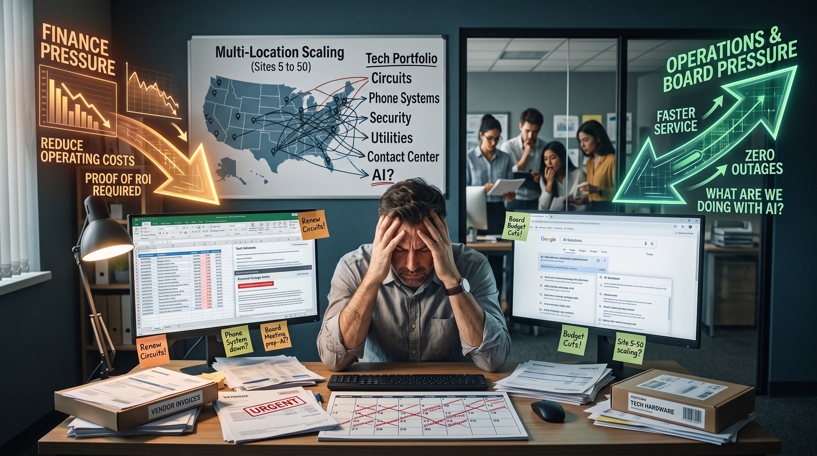A multi-location business manager balancing a growing technology vendor portfolio, finance cost pressures, and operations demands for service and AI.