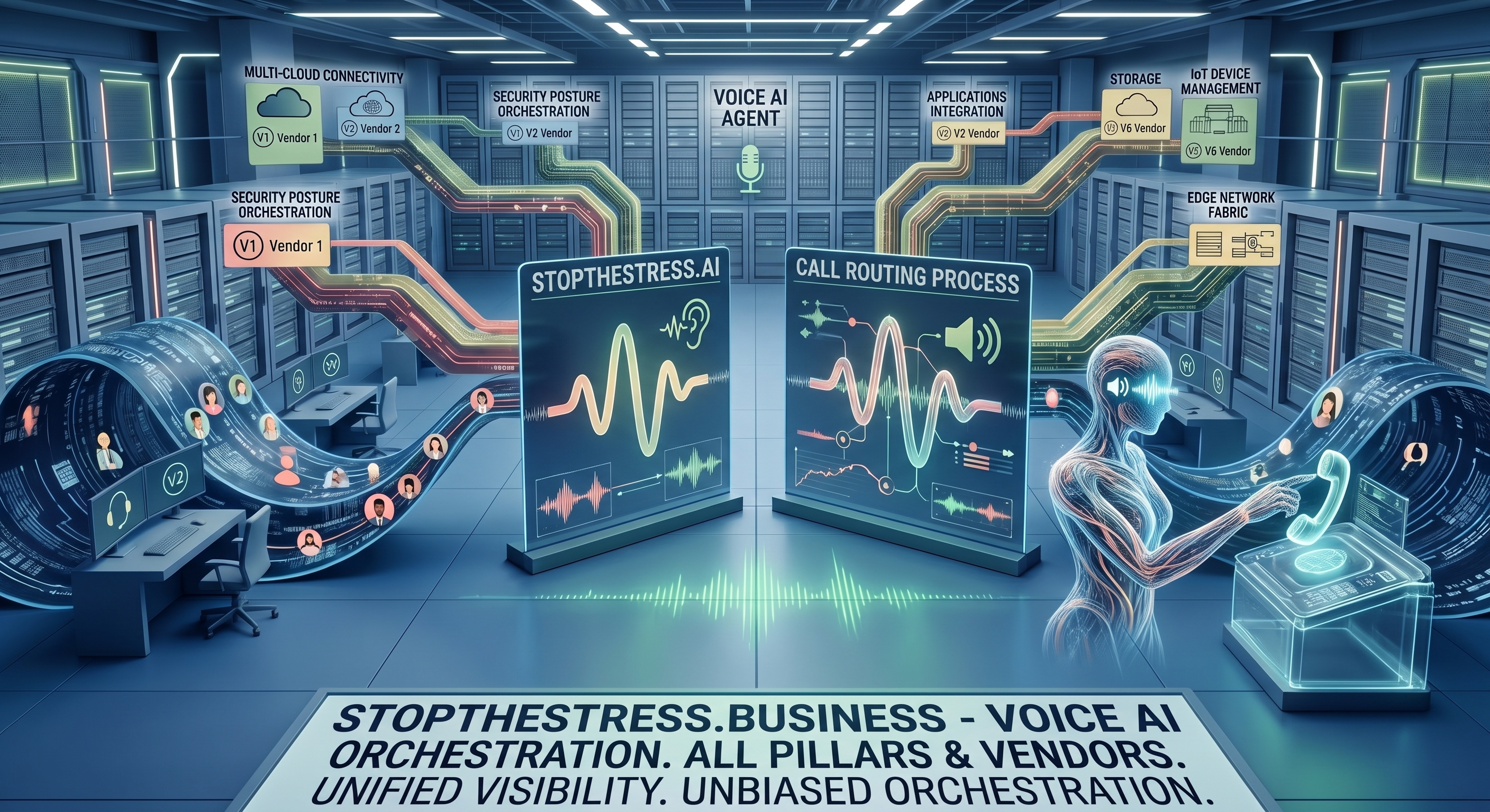 Voice AI orchestration center unifying multiple technology pillars and vendors